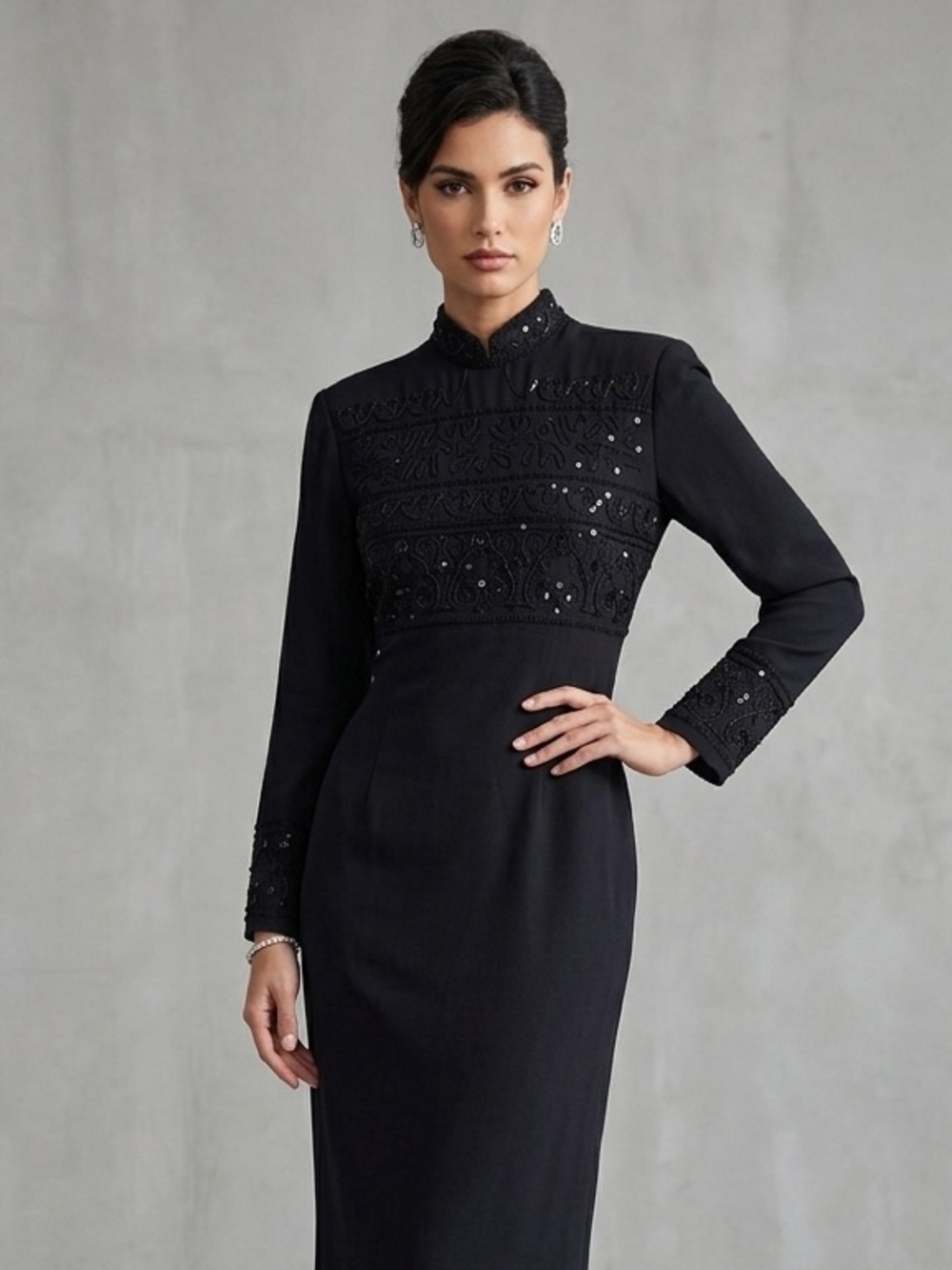 Patrick Collection Black Embroidered Silk Cocktail Evening Dress Size‎ 6
